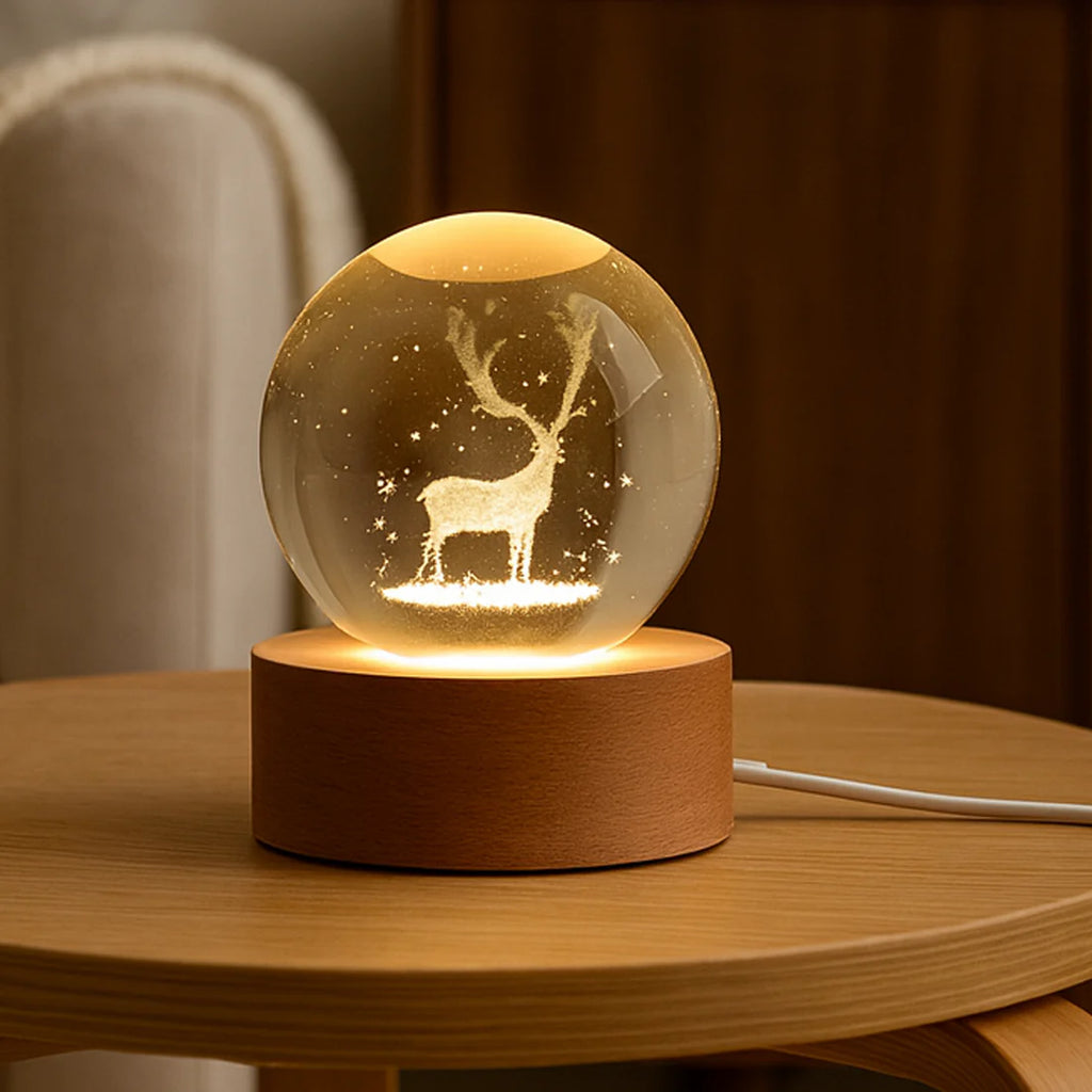 Crystal Ball Night Light – Engraved Glass with Wood Base