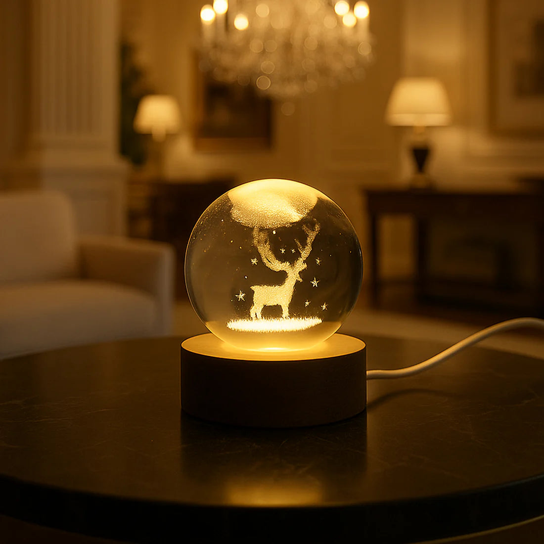 Crystal Ball Night Light – Engraved Glass with Wood Base