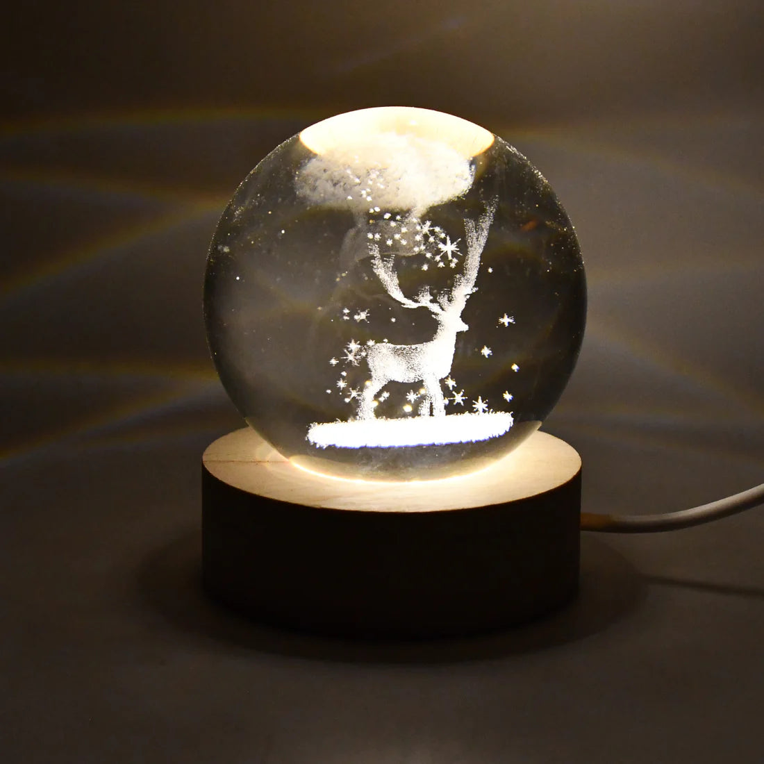 Crystal Ball Night Light – Engraved Glass with Wood Base